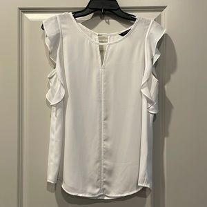 White blouse with front and back detailing and ruffle sleeves from Express (M)